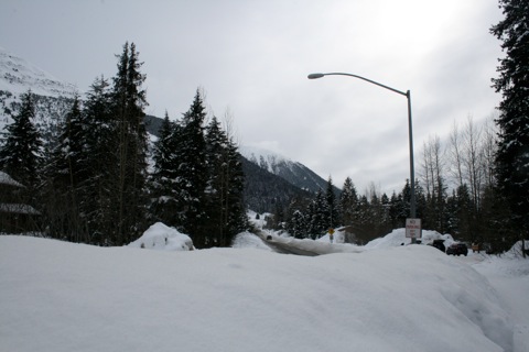 Deep snow by the side of the road at the Alyeska resort