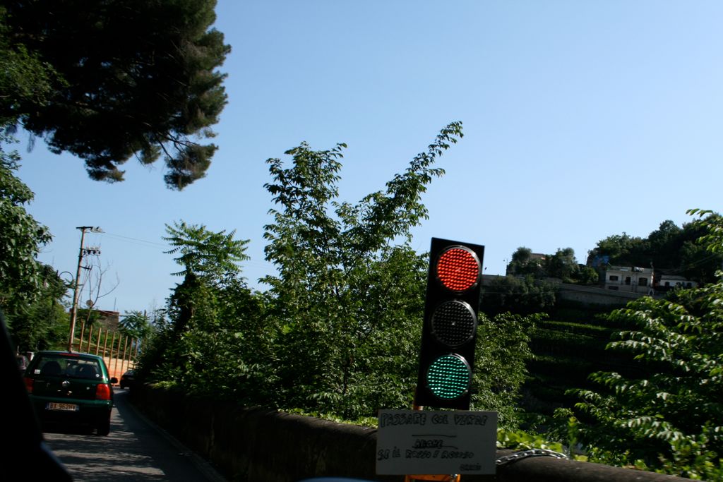 AdHoc traffic light that is both red and green at the same time.  Sign says 