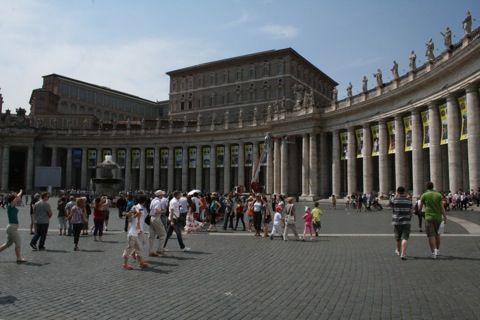 Banners honoring the past several popes