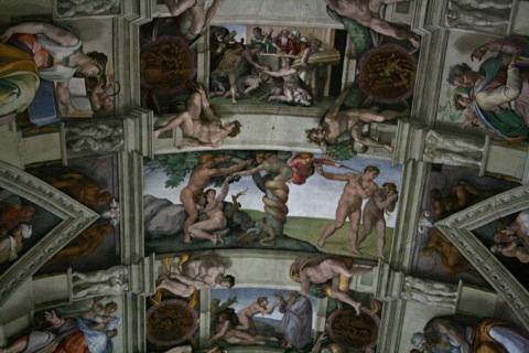 Ceiling of the Sistine Chapel, showing the temptation of Adam and Eve