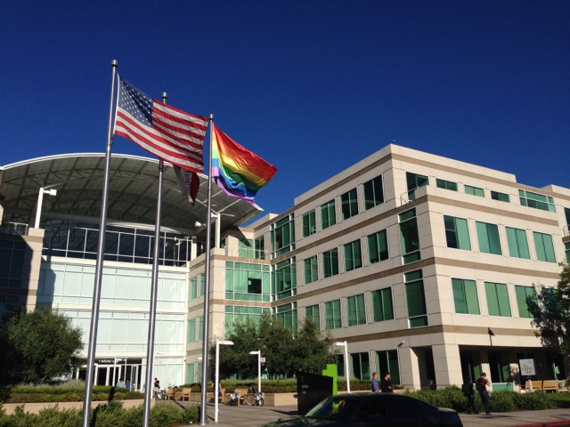 Rainbow flags at the Apple Campus