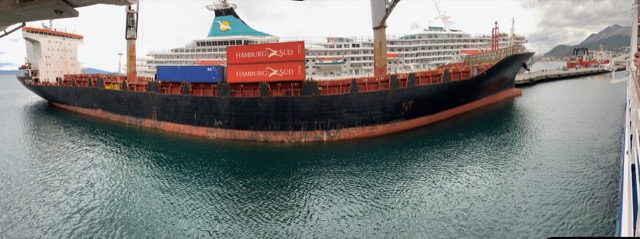 A container ship, the Argentino II, also moored on the same pier
