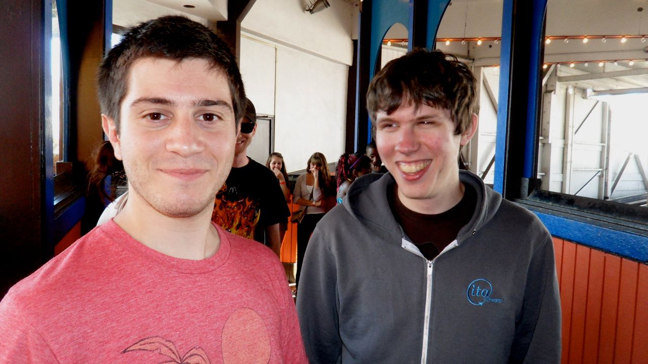 Jeremy Applebaum and Eric Harmon in line for the roller coaster